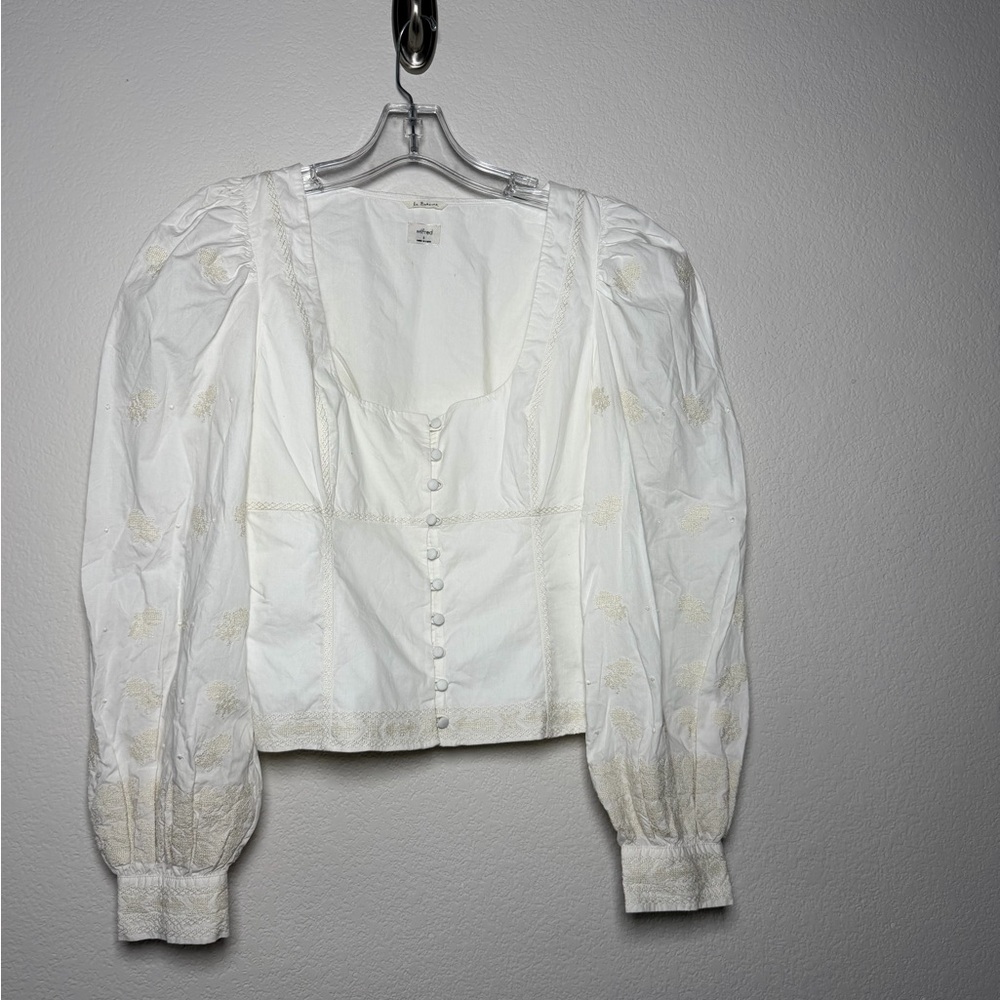Aritzia Wilfred La Boheme Cream Blouse Puff Sleeves embroidered croquet